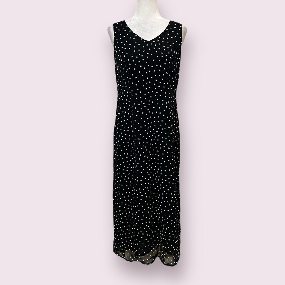 Vintage Carol Anderson Polka Dot Maxi Dress Black 6P Retro 90s Minimalist Rayon